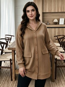 Lacomfia Women's Hooded Long Sleeve Loose Textured Jacquard Casual Versatile Autumn/Winter Plus Size Jacket - Khaki - View 7