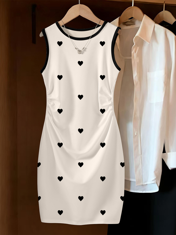 SHEIN Teen Girls Black Heart Stripe Print Sleeveless Dress, Suitable For Spring, Summer, Autumn, Perfect For Outings, Casual Wear, Comfortable Minimalist Classic Fitted Dress For Girls And Girl - Multicolor - View 4