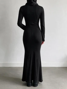 SHEIN ICON 女款純色立領喇叭袖修身魚尾裙擺優雅洋裝 - 黑色 - 查看 3