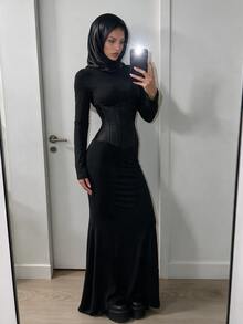 SHEIN ICON 女款純色立領喇叭袖修身魚尾裙擺優雅洋裝 - 黑色 - 查看 1