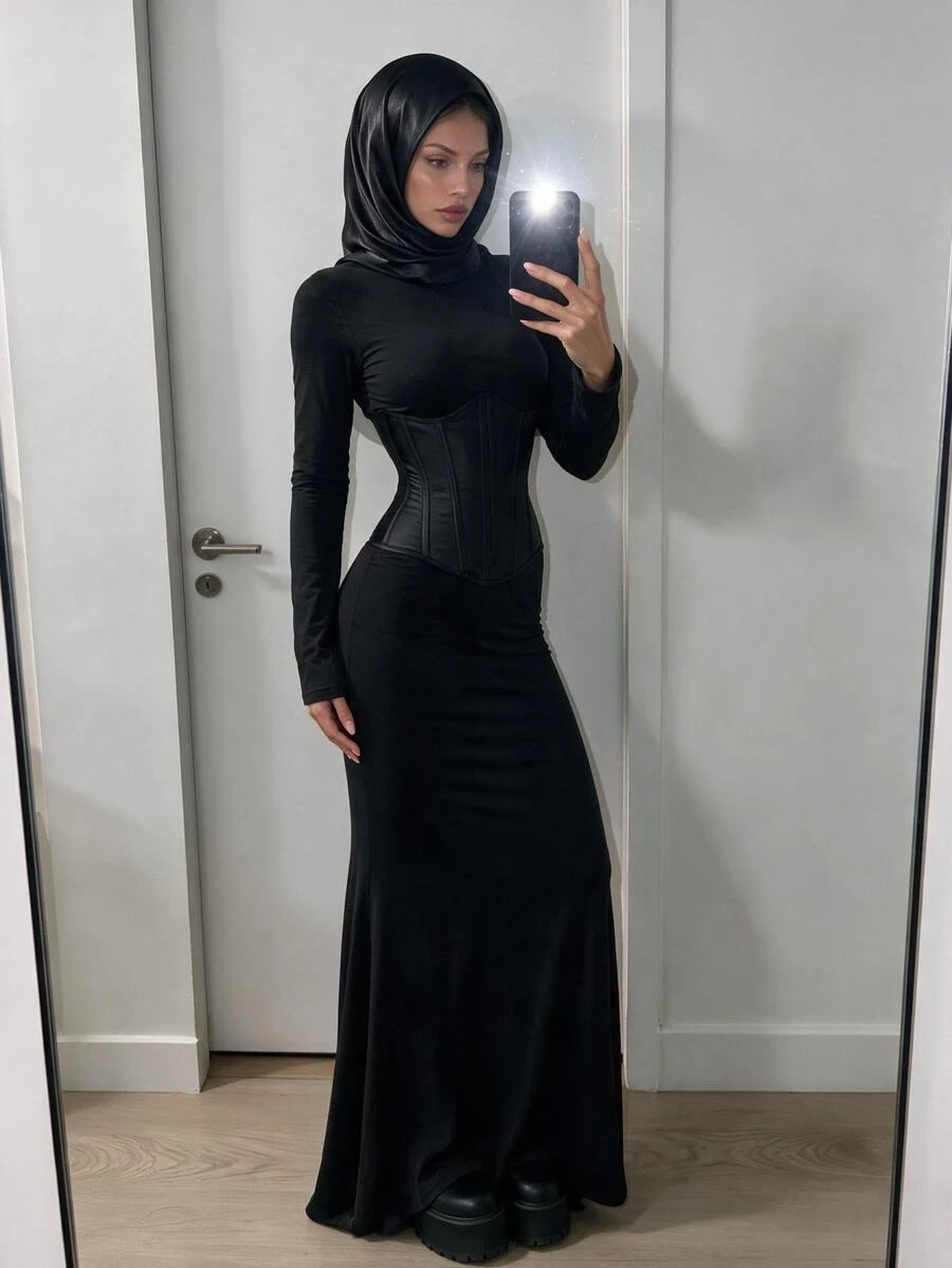 SHEIN ICON 女款純色立領喇叭袖修身魚尾裙擺優雅洋裝 - 黑色 - 查看 1