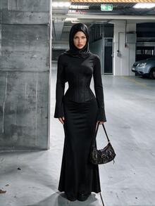 SHEIN ICON 女款純色立領喇叭袖修身魚尾裙擺優雅洋裝 - 黑色 - 查看 5
