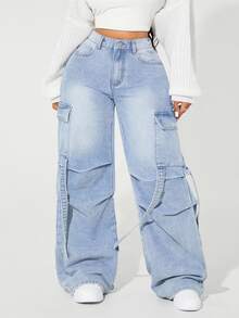 SHEIN ICON Plus Size Faded Minimalist Daily Wear Denim Jeans,Back To School - Blue - View 6