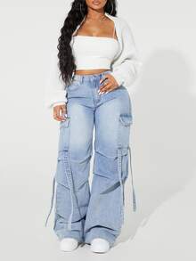 SHEIN ICON Plus Size Faded Minimalist Daily Wear Denim Jeans,Back To School - Blue - View 3