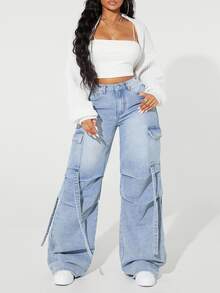 SHEIN ICON Plus Size Faded Minimalist Daily Wear Denim Jeans,Back To School - Blue - View 5