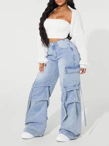 SHEIN ICON Plus Size Faded Minimalist Daily Wear Denim Jeans,Back To School - Blue - View 8