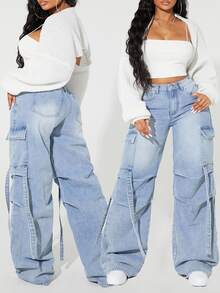 SHEIN ICON Plus Size Faded Minimalist Daily Wear Denim Jeans,Back To School - Blue - View 7