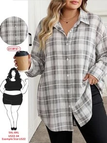 SHEIN CURVE+ Plus Size Long Sleeve Casual Plaid Shirt, Fall Women - Blue - View 1