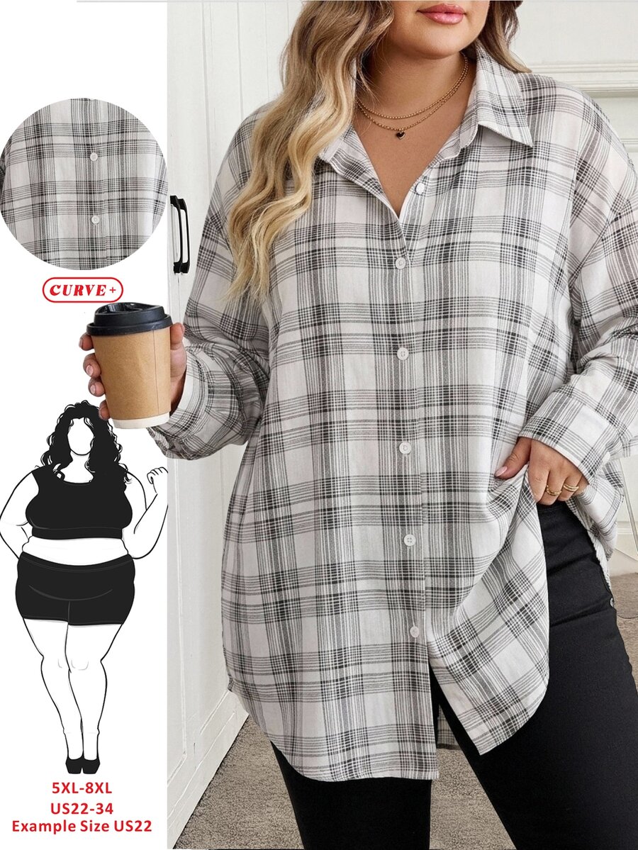 SHEIN CURVE+ Plus Size Long Sleeve Casual Plaid Shirt, Fall Women - Blue - View 1