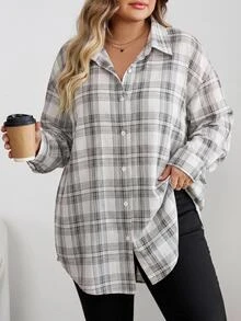 SHEIN CURVE+ Plus Size Long Sleeve Casual Plaid Shirt, Fall Women - Blue - View 8