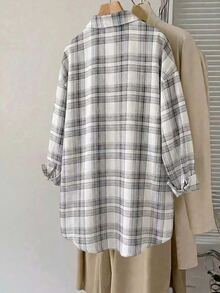 SHEIN CURVE+ Plus Size Long Sleeve Casual Plaid Shirt, Fall Women - Blue - View 2