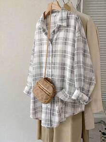 SHEIN CURVE+ Plus Size Long Sleeve Casual Plaid Shirt, Fall Women - Blue - View 5