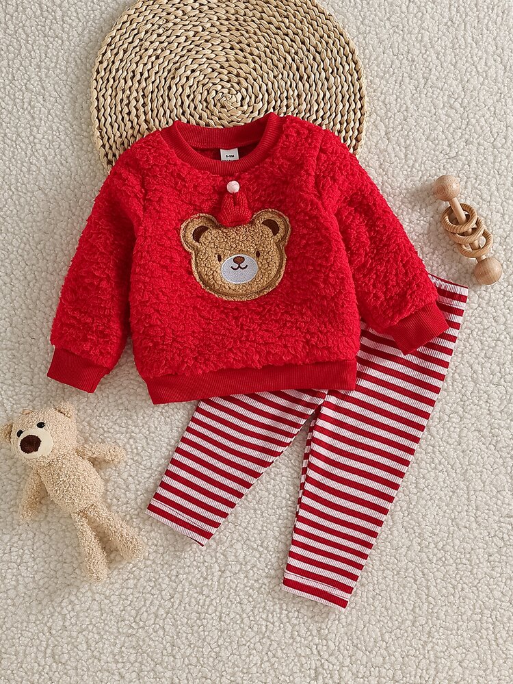 Baby Girl Sweatshirt + Pants Red Fuzzy Bear Applique Long Sleeve Round Neck Thick Winter Holiday Fall Ribbed Cuff Hemline Family Christmas - Red - View 4