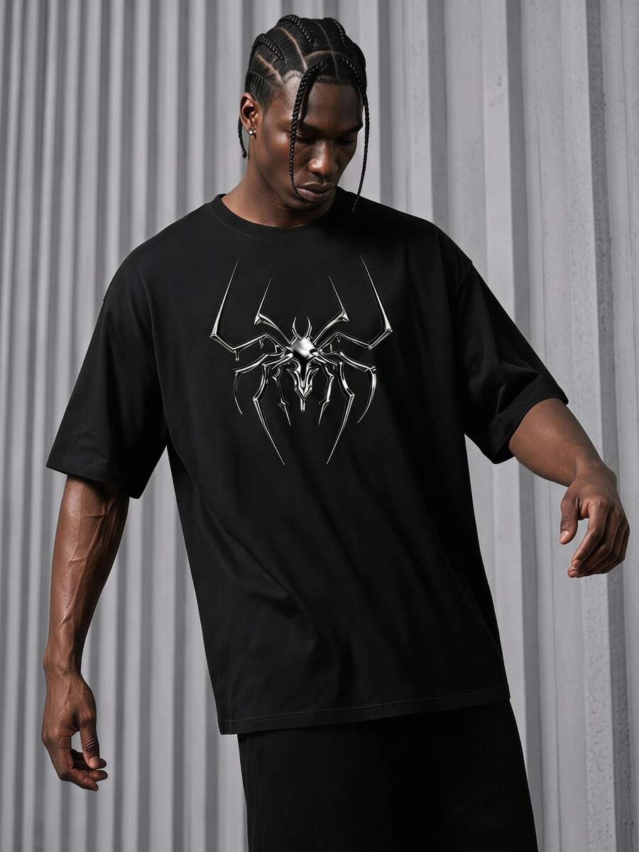 Sport MetroGents Men's Round Neck Spider Print Casual Versatile Daily Travel Sports T-Shirt, Gym, Holiday,Halloween - Black - View 1
