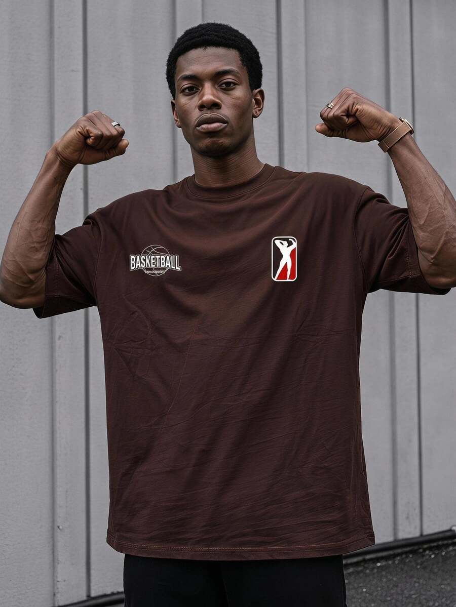 Sport MetroGents Men's Basketball Print Short Sleeve Brown Sports T-Shirt - Chocolate Brown - View 1