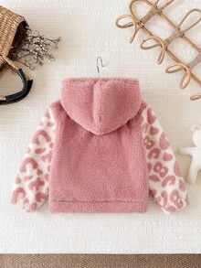 SHEIN Cute Fluffy Leopard Print Hooded Autumn Winter Jacket For Baby Girls - Pink - View 6