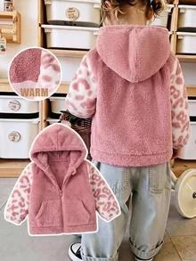 SHEIN Cute Fluffy Leopard Print Hooded Autumn Winter Jacket For Baby Girls - Pink - View 1