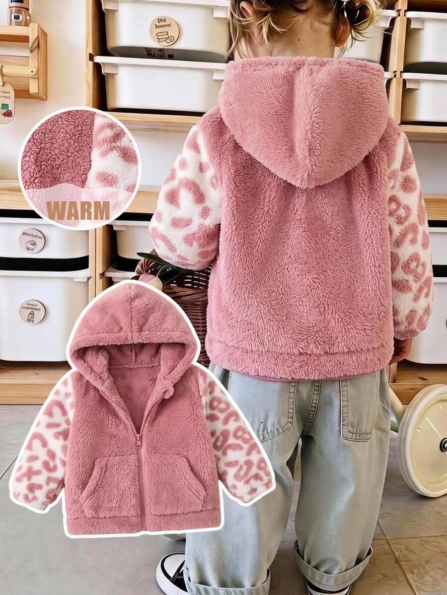 SHEIN Cute Fluffy Leopard Print Hooded Autumn Winter Jacket For Baby Girls - Pink - View 1