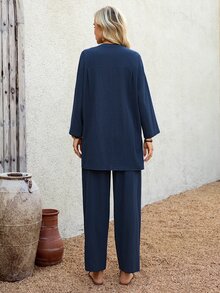 EMERY ROSE 2件套女士休闲纯色前扣长袖上衣和裤子套装，秋季 - 藍色 - 查看 3