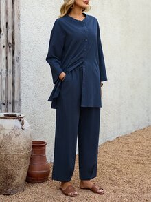 EMERY ROSE 2件套女士休闲纯色前扣长袖上衣和裤子套装，秋季 - 藍色 - 查看 5