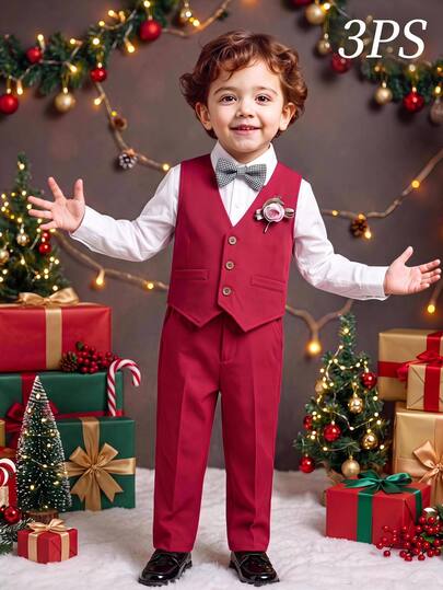 SHEIN Young Boy Gentleman Outfit Cute Spring/Summer Burgundy Vest Elastic Waist Long Pants Bow Tie Long Sleeve Shirt 3-Piece Set