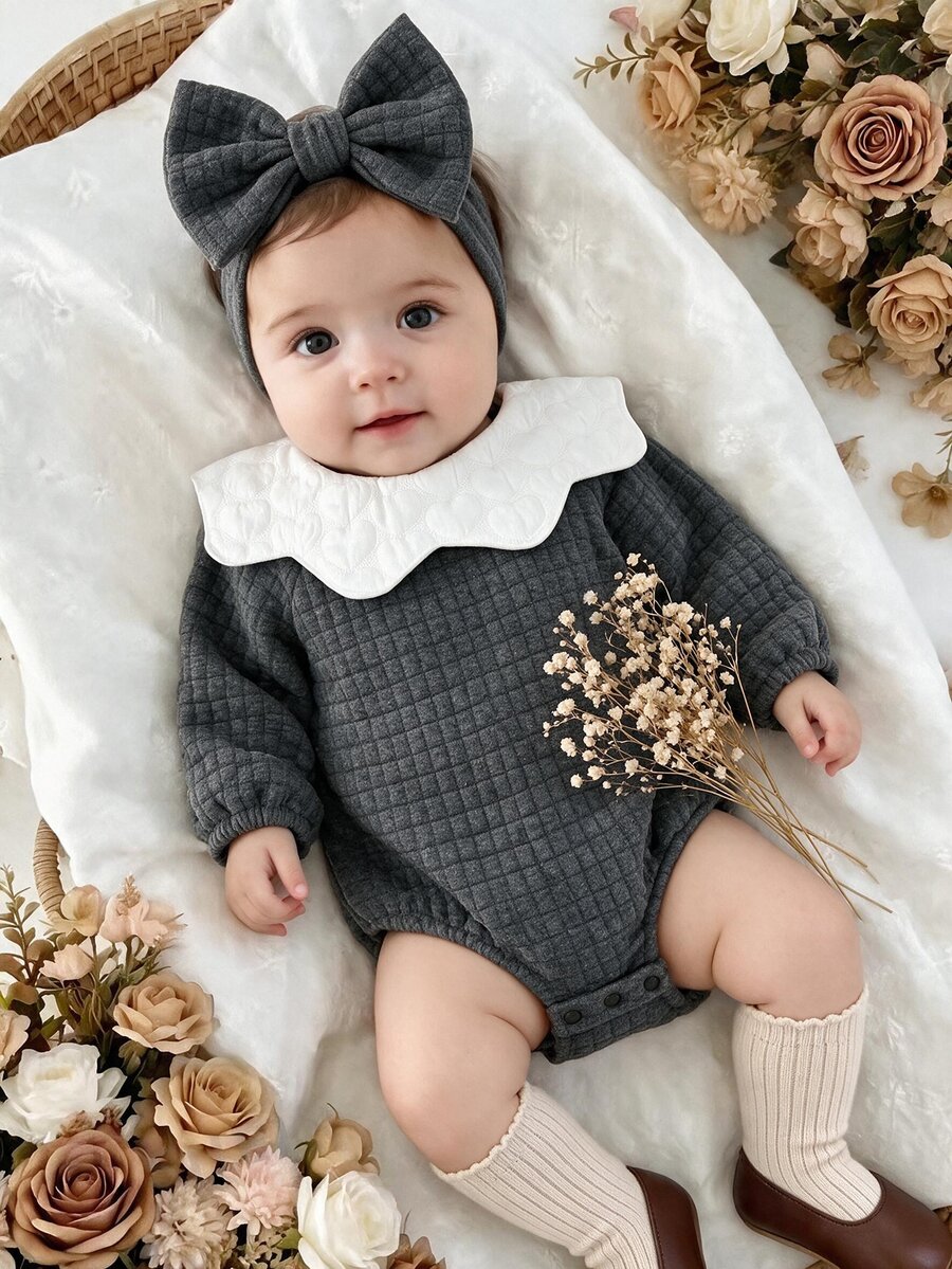 SHEIN Baby Girls' Minimalist Knitted Bubble Jacquard Lantern Sleeve Bodysuit, Suitable For Outings And Gatherings, Autumn/Winter Fall