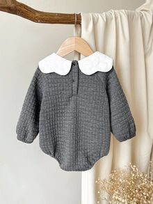 SHEIN Baby Girls' Minimalist Knitted Bubble Jacquard Lantern Sleeve Bodysuit, Suitable For Outings And Gatherings, Autumn/Winter Fall - Dark Grey - View 3