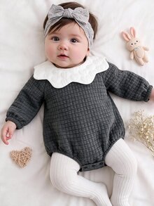 SHEIN Baby Girls' Minimalist Knitted Bubble Jacquard Lantern Sleeve Bodysuit, Suitable For Outings And Gatherings, Autumn/Winter Fall - Dark Grey - View 4