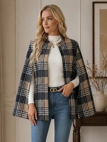 EMERY ROSE Women's Elegant Plaid Hooded Cloak Coat, Autumn/Winter - Multicolor - View 2