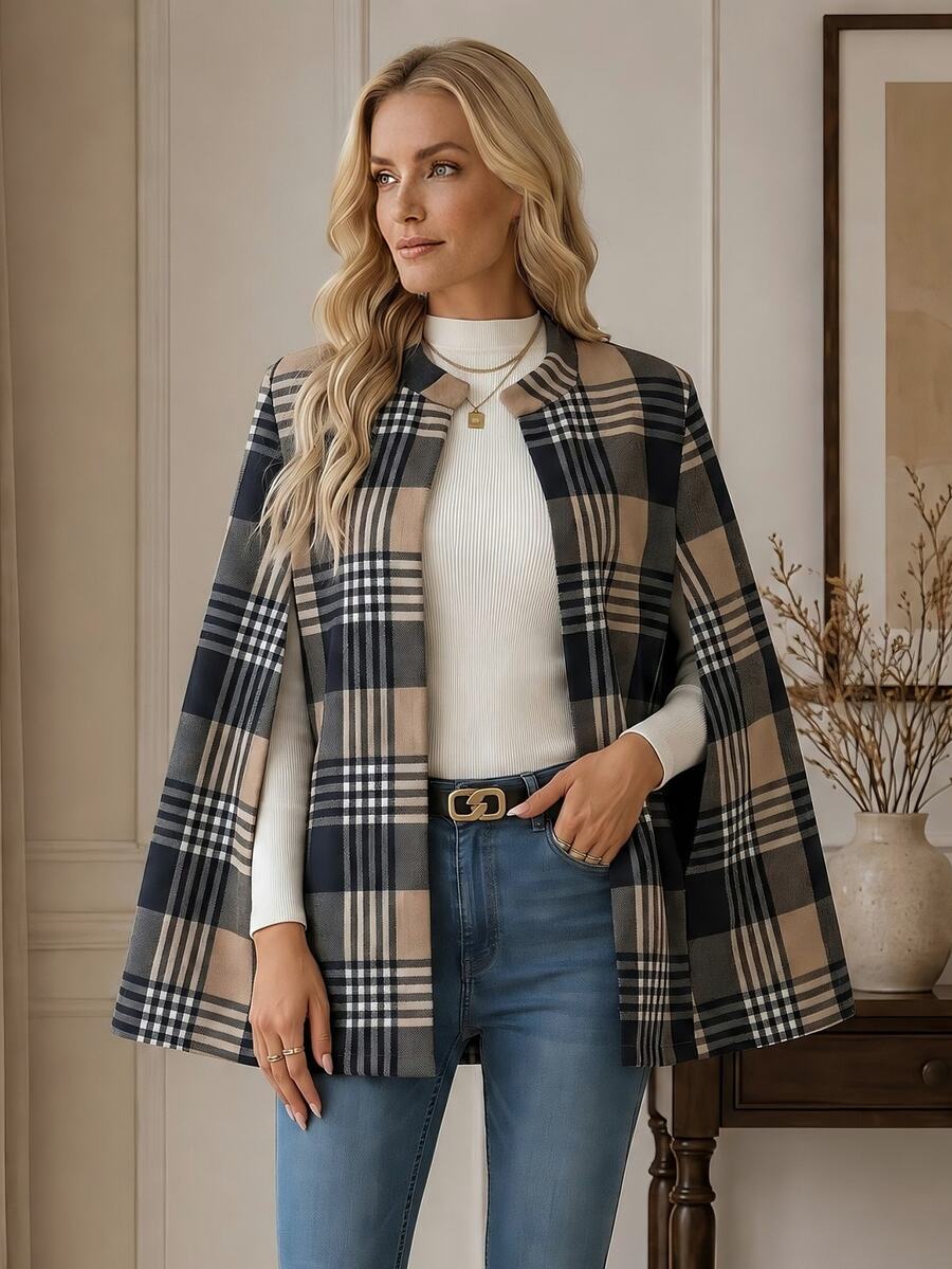 EMERY ROSE Women's Elegant Plaid Hooded Cloak Coat, Autumn/Winter