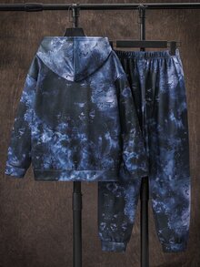 SHEIN 青少年男孩休閒運動時尚極簡紮染雪花足球圖案寬鬆長袖連帽衛衣2件套，適合通勤、上學、日常休閒、度假、旅行、運動，秋冬款 - 藍色 - 查看 2