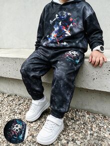 SHEIN 青少年男孩休閒運動時尚極簡紮染雪花足球圖案寬鬆長袖連帽衛衣2件套，適合通勤、上學、日常休閒、度假、旅行、運動，秋冬款 - 藍色 - 查看 6