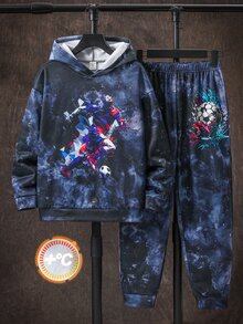 SHEIN 青少年男孩休閒運動時尚極簡紮染雪花足球圖案寬鬆長袖連帽衛衣2件套，適合通勤、上學、日常休閒、度假、旅行、運動，秋冬款 - 藍色 - 查看 1