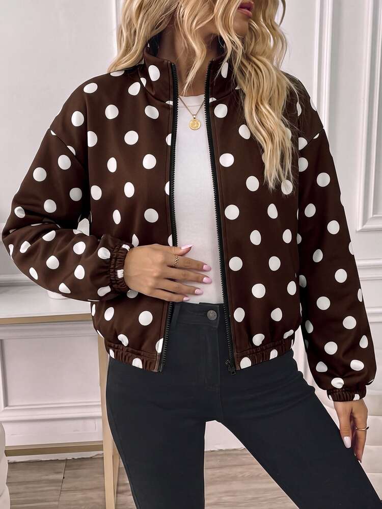 SHEIN LUNE Women's Brown Polka Dot Print Autumn/Winter Zip-Up Elastic Long Sleeve Casual Hooded Sweatshirt Jacket - Multicolor - View 1