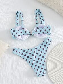 SHEIN Swim 女士夏季天蓝色波点比基尼，复古可爱少女风，显瘦沙滩度假泳装套装，浪漫阳光沙滩泳池派对必备 - 彩色 - 查看 2