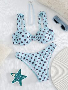 SHEIN Swim 女士夏季天蓝色波点比基尼，复古可爱少女风，显瘦沙滩度假泳装套装，浪漫阳光沙滩泳池派对必备 - 彩色 - 查看 3