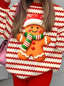 Tween女孩休閒極簡可愛聖誕薑餅人圖案，聖誕紅條紋圓領衛衣彈性腰長褲套裝，適合秋冬，抓絨內裡，秋季風格，秋季穿搭，秋季套裝，聖誕套裝 - 彩色 - 查看 7