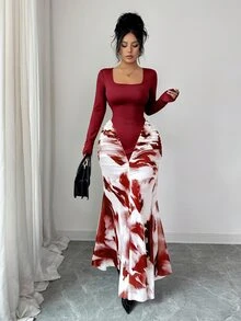 SHEIN Elenzya 新款女款方領長袖百褶下擺印花拼接設計針織面料聚會晚宴修身收腰長洋裝 - 酒紅色 - 查看 7
