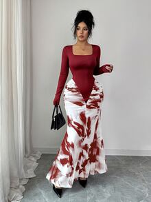 SHEIN Elenzya 新款女款方領長袖百褶下擺印花拼接設計針織面料聚會晚宴修身收腰長洋裝 - 酒紅色 - 查看 6