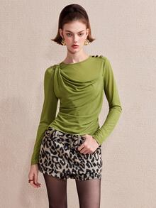 Barévion Women's Top Slim Fit Knit Shoulder Metal Button Asymmetric Drape Ruched Front Modern Green Solid Fall Clothes For Women Tops Autumn Outfit - Green - View 1