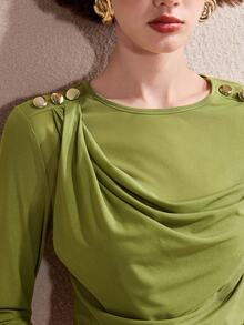 Barévion Women's Top Slim Fit Knit Shoulder Metal Button Asymmetric Drape Ruched Front Modern Green Solid Fall Clothes For Women Tops Autumn Outfit - Green - View 2