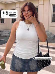 SHEIN CURVE+ 大尺碼女款休閒優雅 70 年代亮片基本修身白色露肩背心，舒適面料，適合夏季派對、健身房、晚餐 - 白色 - 查看 8