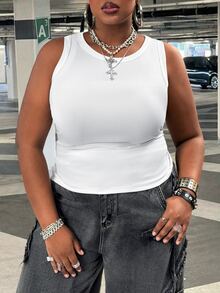 SHEIN CURVE+ 大尺碼女款休閒優雅 70 年代亮片基本修身白色露肩背心，舒適面料，適合夏季派對、健身房、晚餐 - 白色 - 查看 3