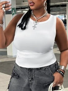 SHEIN CURVE+ 大尺碼女款休閒優雅 70 年代亮片基本修身白色露肩背心，舒適面料，適合夏季派對、健身房、晚餐 - 白色 - 查看 5