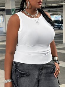 SHEIN CURVE+ 大尺碼女款休閒優雅 70 年代亮片基本修身白色露肩背心，舒適面料，適合夏季派對、健身房、晚餐 - 白色 - 查看 6