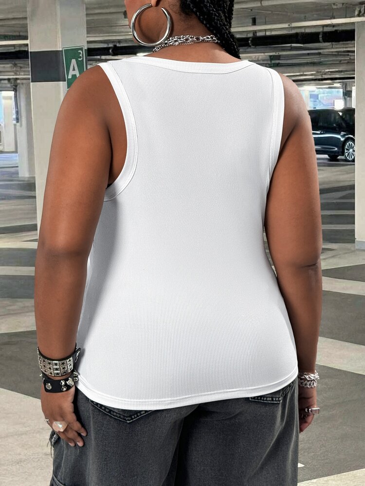 SHEIN CURVE+ Plus Size Women's Casual Elegant 70s Sequin Basic Fitted White Off-Shoulder Tank Top, Comfortable Fabric For Summer Party Gym Dinner - White - View 2