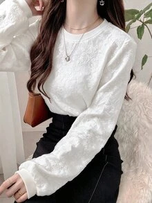 FRIFUL 女款撞色圓領蕾絲紋理面料長袖休閒百搭T恤，秋季可愛上衣 - 白色 - 查看 1