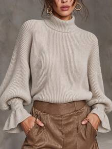 Solivie Women's Autumn/Winter High Neck Long Sleeve Sweater Top, Apricot Color Women Fall Winter Sweater Casual Blouses Basic Tops Going Out Tops - Apricot - View 2