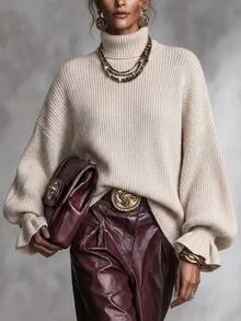 Solivie Women's Autumn/Winter High Neck Long Sleeve Sweater Top, Apricot Color Women Fall Winter Sweater Casual Blouses Basic Tops Going Out Tops - Apricot - View 9