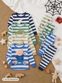 SHEIN Baby Boy Snug Fit Pajama Set, Cartoon Striped Bear Pattern Colorblock Knit Soft Crew Neck Long Sleeve Pullover Top And Elastic Waist Long Pants, 2-Piece Set - Blue and White - View 1